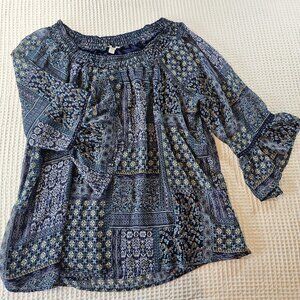 WESTPORT boho Blouse Blue White Peasant top 3/4 Bell Sleeves Plus size